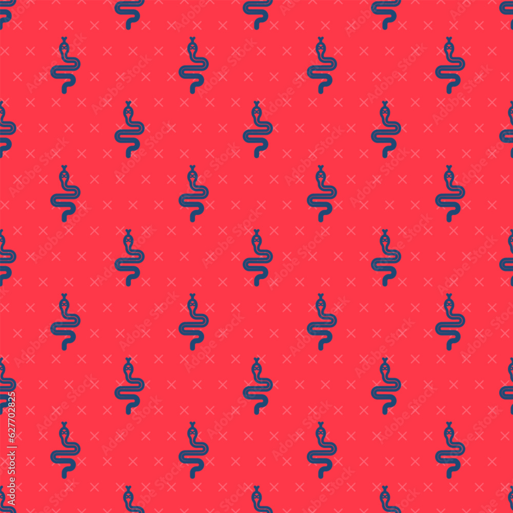Poster blue line snake icon isolated seamless pattern on red background. vector