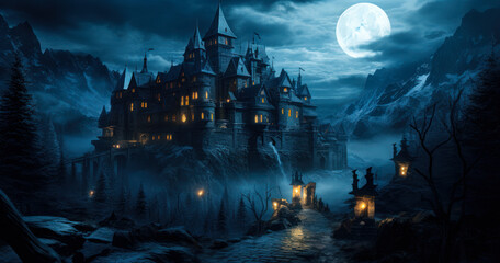 Haunted Fortress: Illustration of a Mysterious Castle at Night