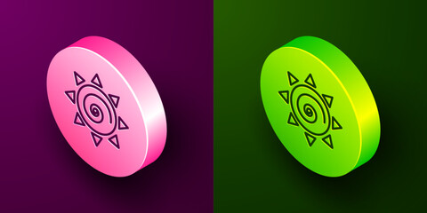 Isometric line Sun icon isolated on purple and green background. Circle button. Vector