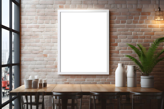 Blank vertical decorative art transparent frame mock-up on a cafe wall,  background