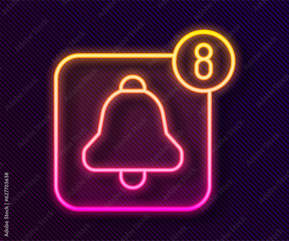 Poster glowing neon line alarm clock app smartphone interface icon isolated on black background. vector