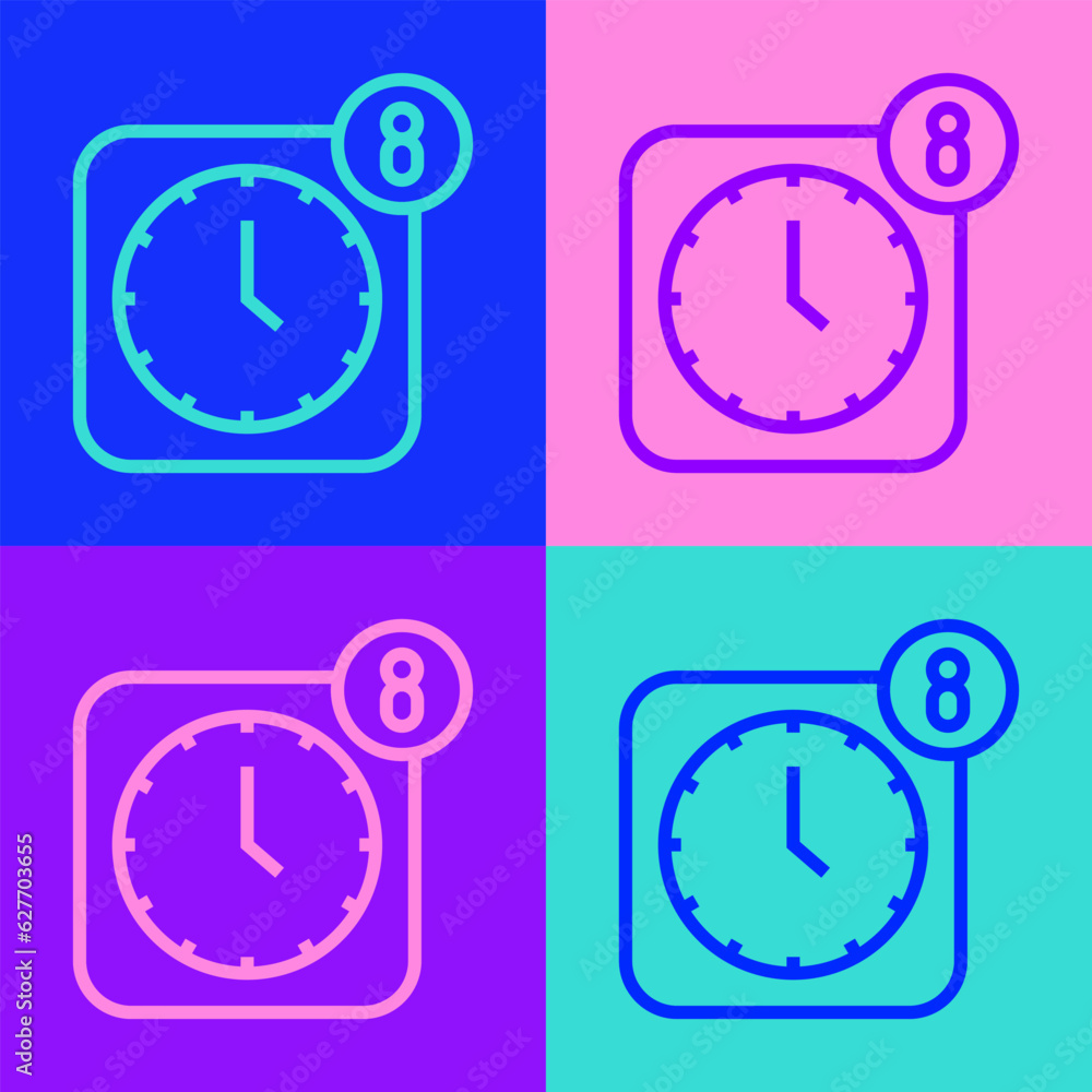 Poster pop art line alarm clock app smartphone interface icon isolated on color background. vector