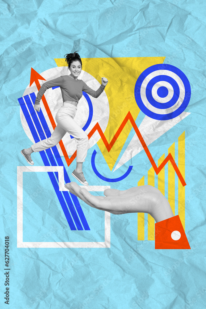Poster retro collage image of purposeful lady showing great successful working success isolated colorful ba