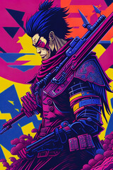 A vibrant, high-detail vector illustration of japan man with a powerful weapon