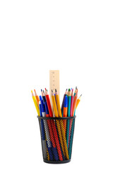 Organizer with pencils and ruler, stand for stationery form bucket white background.