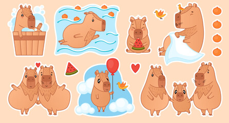 Cute capybaras family cartoon sticker set. Funny capibara characters bathing, swim in water, eats watermelon, sleepping, relaxing, love, dancing, fly holding balloon. Vector illustration 