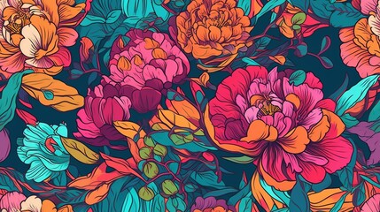 Generative AI, Floral colorful seamless pattern, natural plants and flowers background, Psychedelic illustration. Foliage ornament..
