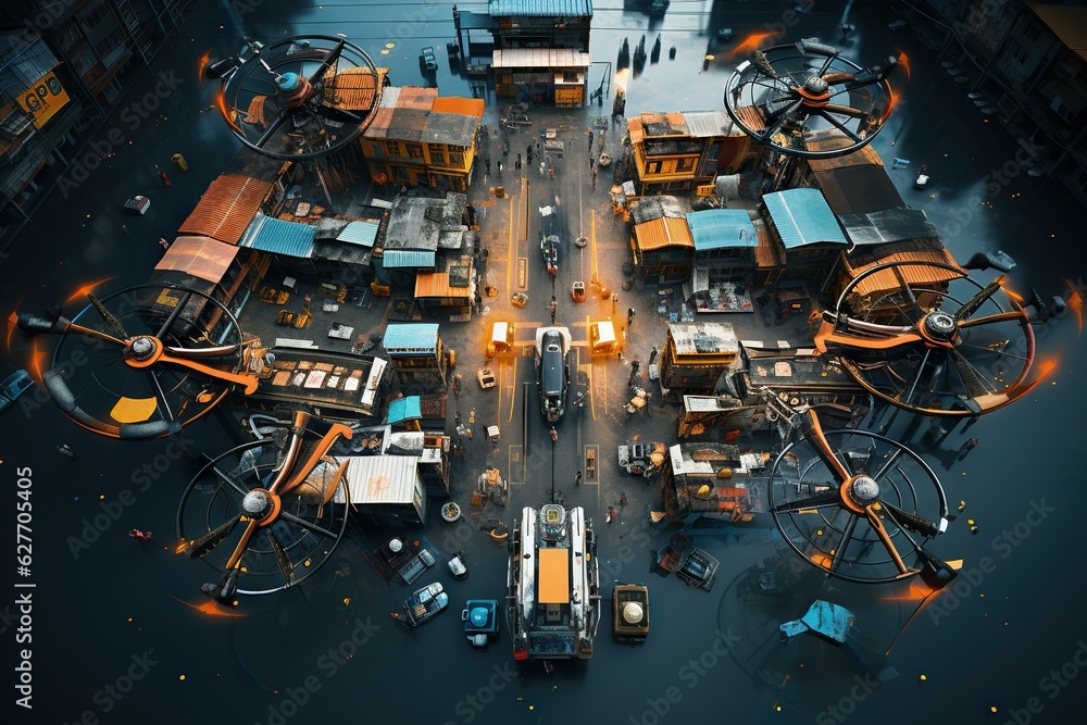 Poster top view image of a drone capturing the daily life and activities of a busy city engine generative a