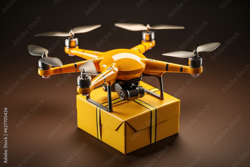 Poster top view image of a drone delivering a small package or parcel carton generative ai