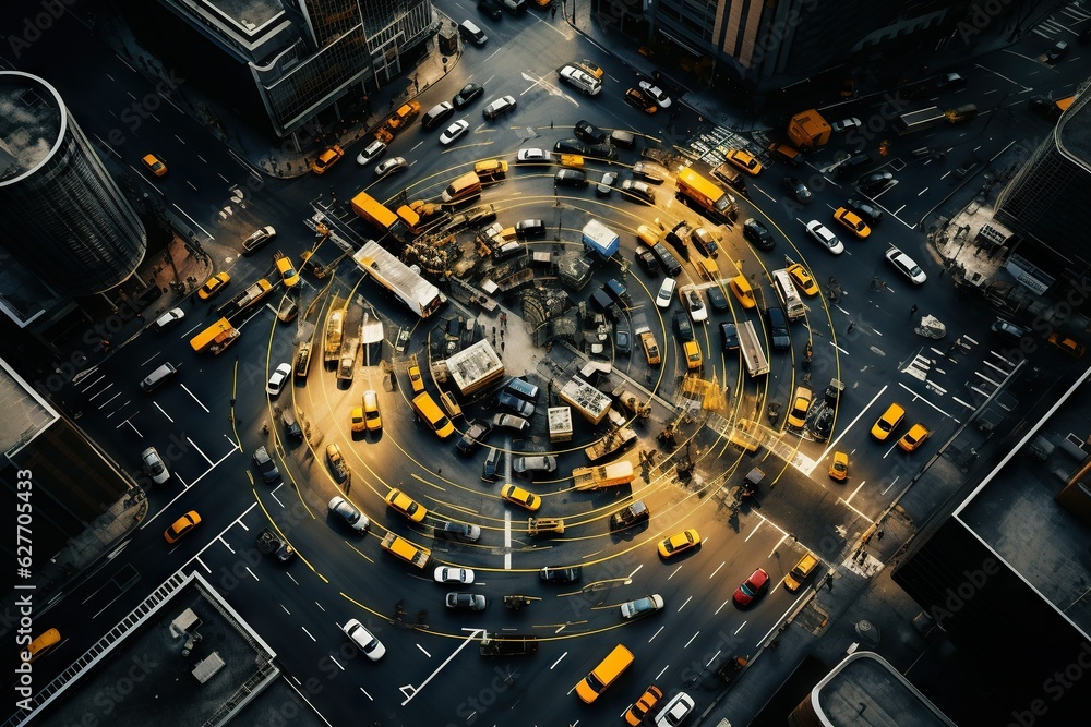 Poster top view image of a drone capturing the organized chaos of a traffic intersection transportation gen