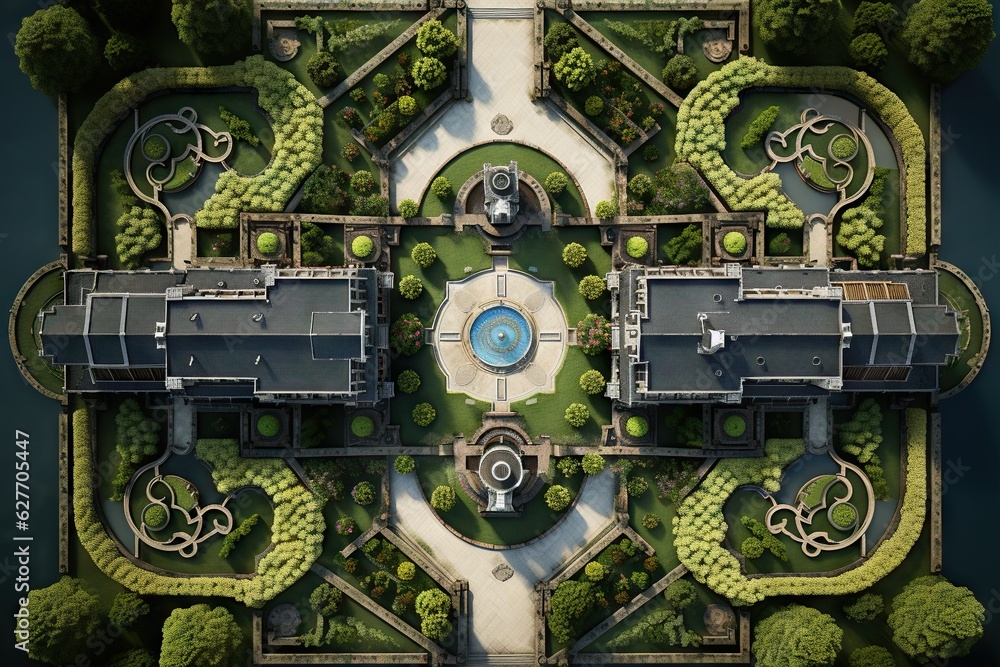 Poster top view image of a drone capturing the symmetry and elegance of a formal garden fantasy generative 