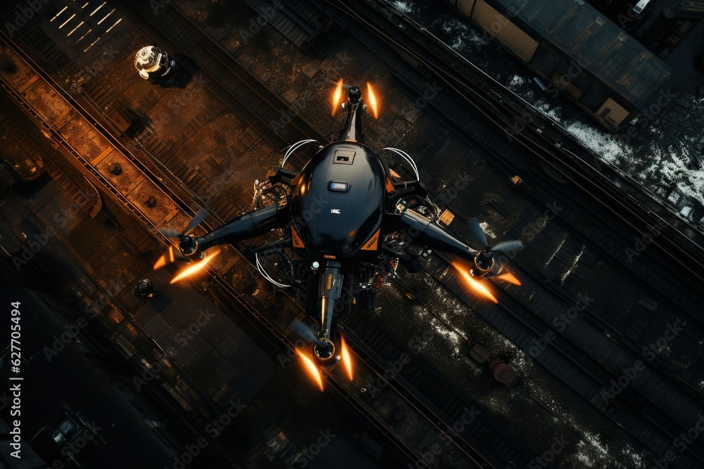 Poster top view image of a drone inspecting and maintaining railway tracks or transportation infrastructure