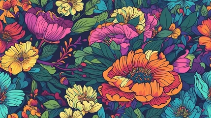 Rolgordijnen Generative AI, Floral colorful seamless pattern, natural plants and flowers background, Psychedelic illustration. Foliage ornament.. © DELstudio
