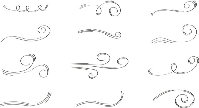 Doodle wind icon set. Swirl elements hand drawn doodle. Wind blows, windy motion, air condition blow, air masses flow
