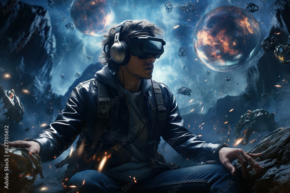 Aufkleber top view image of a person exploring a virtual reality science fiction or fantasy world protective e