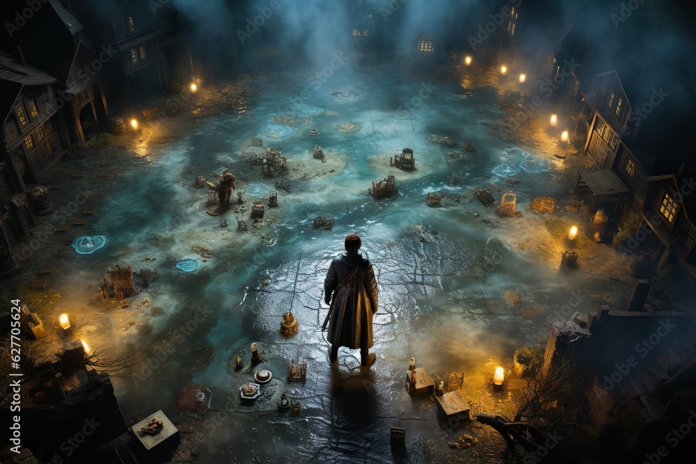 Poster top view image of a person exploring a fantasy world in a roleplaying game spirituality generative a
