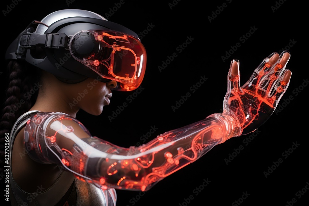 Poster top view image of a person interacting with virtual reality hand controllers headset generative ai
