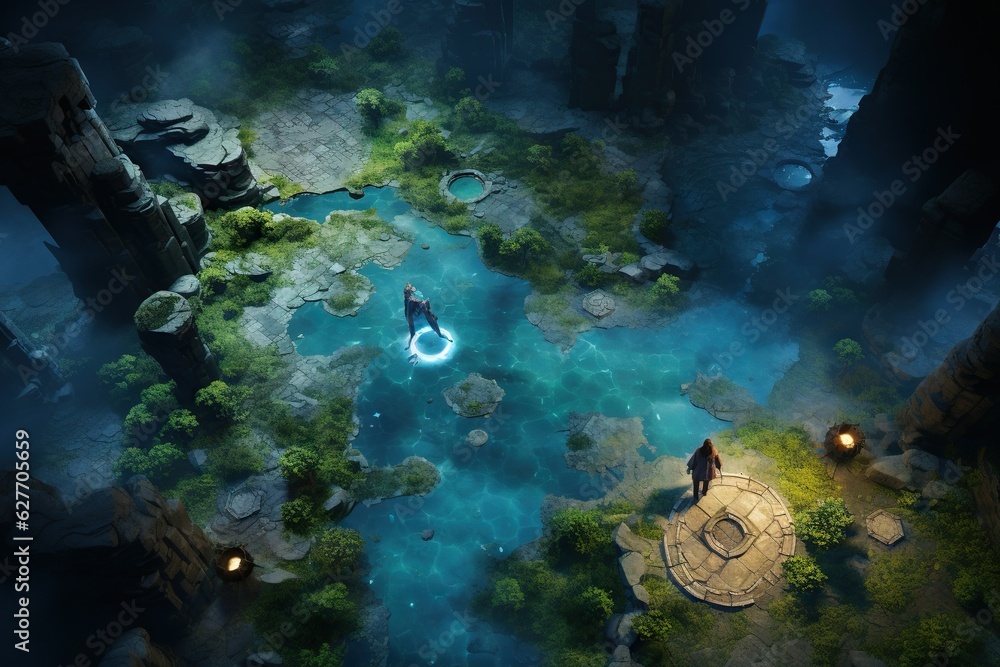 Poster top view image of a person exploring a fantasy world in a roleplaying game scuba diving generative a
