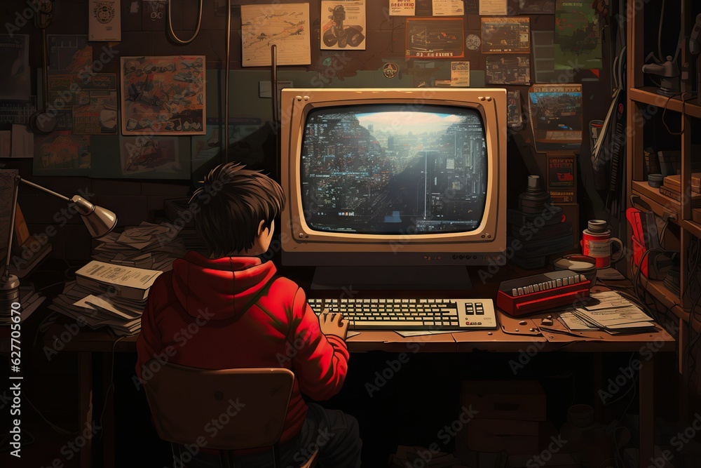 Poster top view image of a person playing a retro arcade game on a desktop computer caucasian ethnicity gen