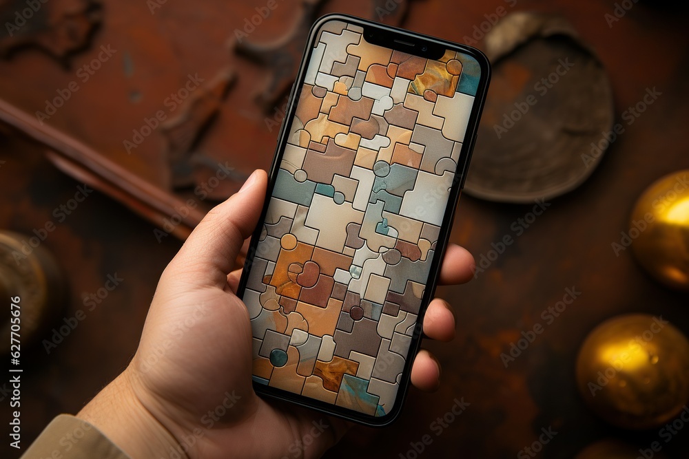 Poster top view image of a person playing a puzzle game on a gaming smartphone technology generative ai