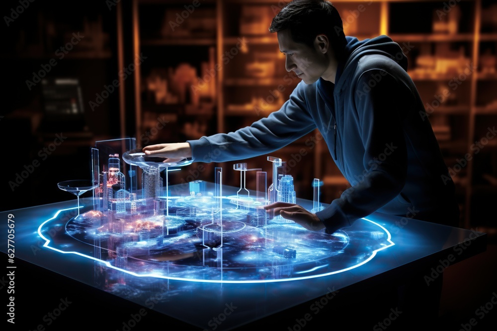 Poster top view image of a person using a 3d holographic display for advanced data visualization indoors ge