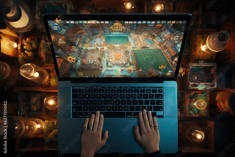Poster top view image of a person playing a sports simulation game on a gaming laptop computer keyboard gen