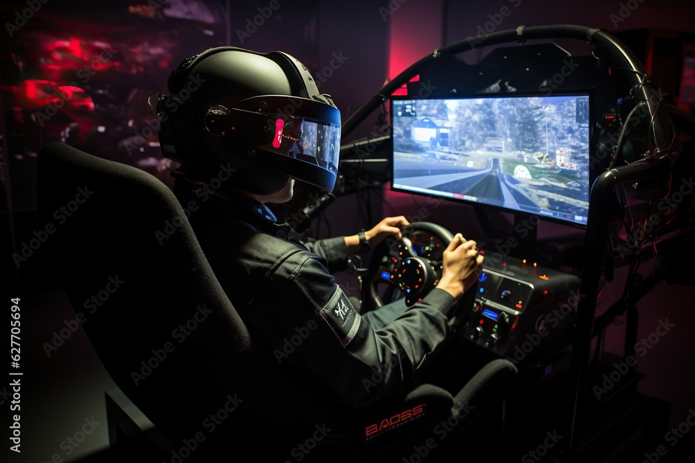Poster top view image of a person using a gaming chair and racing wheel for driving simulation sitting gene