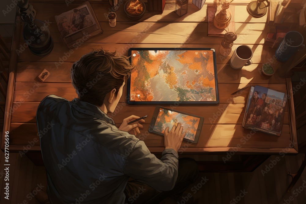 Poster top view image of a person playing a card game on a tablet looking generative ai