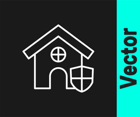 White line House with shield icon isolated on black background. Insurance concept. Security, safety, protection, protect concept. Vector