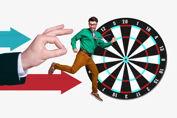 Creative trend collage of funny smiling positive male running arrows point darts board successful...