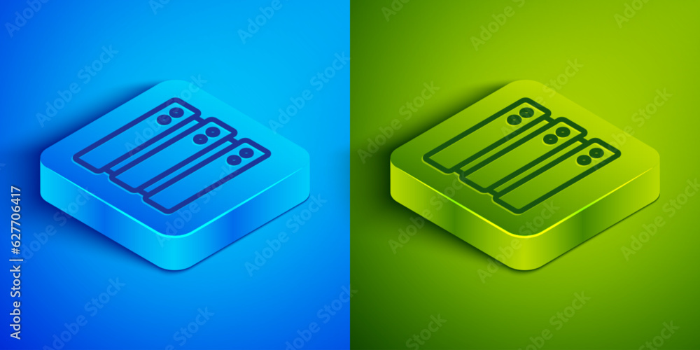 Poster isometric line server, data, web hosting icon isolated on blue and green background. square button. 