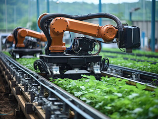 6 axis robot arm monitoring crops in modern technology agriculture sector