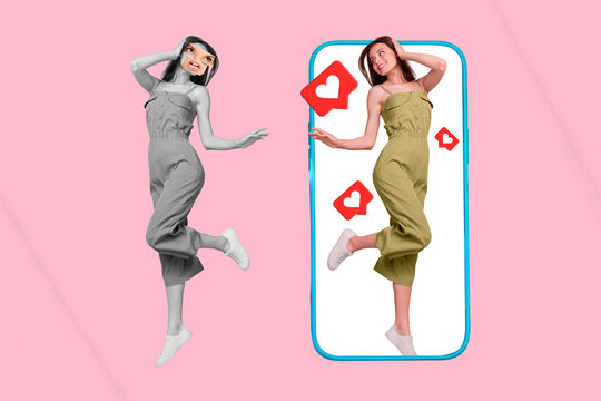 Composite collage image of young female fake social media impression fake content heart icon notification smartphone screen display