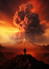 Papier Peint photo Bordeaux Silhouette of human standing in front of active vulcano with smoke, nature.