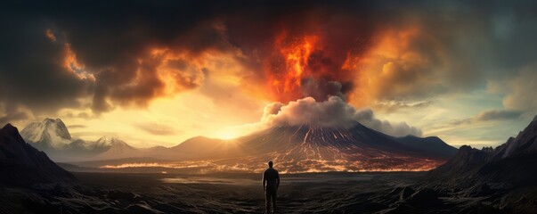 Silhouette of human standing in front of active vulcano with smoke, nature panorama. - obrazy, fototapety, plakaty