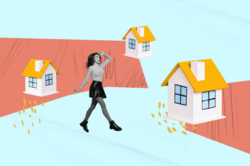 Creative abstract template collage of funny beautiful female real estate mortgage realtor building...