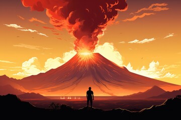 Silhouette of human standing in front of active vulcano with smoke, nature. - obrazy, fototapety, plakaty