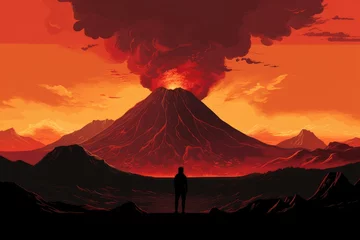 Schilderijen op glas Silhouette of human standing in front of active vulcano with smoke, nature. © annamaria