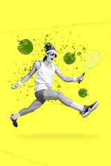 Fototapeta na wymiar Banner poster collage of crazy excited sportsman running enjoying playing tennis game with eating drinking apple juice