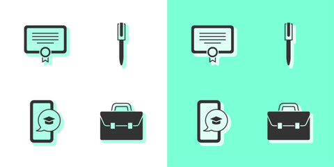 Set Briefcase, Certificate template, Graduation cap on mobile and Pen icon. Vector