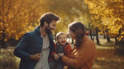 Fototapeta premium happy family walk and relax in park, mom, dad and kid in weekend, generative ai