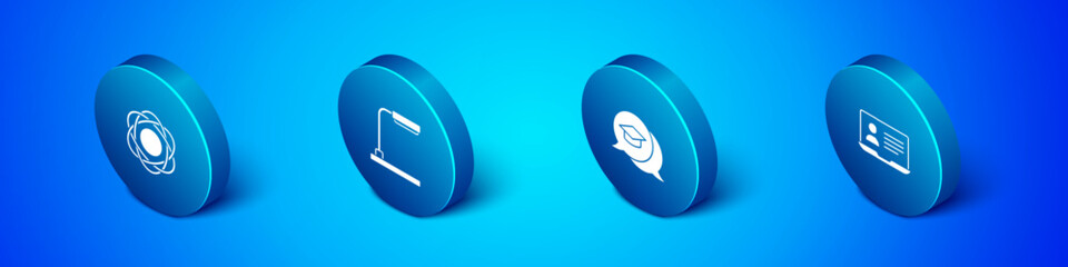 Set Isometric Atom, Graduation cap in speech bubble, Online class and Table lamp icon. Vector