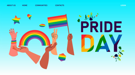 mix race people hands holding lgbt rainbow flag pride festival transgender love generation Z concept