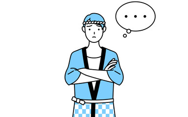 腕を組んで考える夏祭りの法被を着た男性