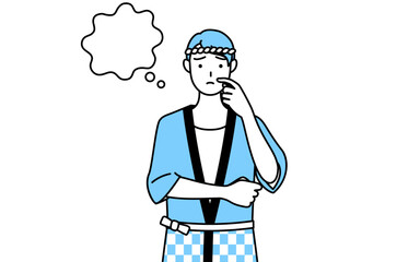 顔をかきながら考える夏祭りの法被を着た男性