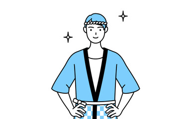 両手を腰に当てた夏祭りの法被を着た男性