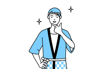 自信家のポーズを取る夏祭りの法被を着た男性