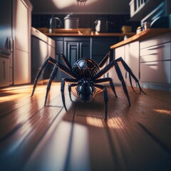 Spider closeup on the kitchen floor, AI generated