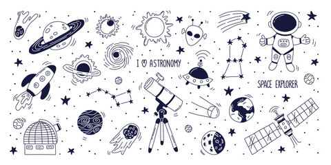 Set hand drawn doodle astronomy elements. Telescope, observatory, cosmonaut, station, satellite, planets, sun, stars. Flat vector illustration on white background - obrazy, fototapety, plakaty