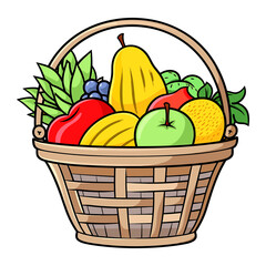 Basket with fruits isolated on white background. Vector illustration.